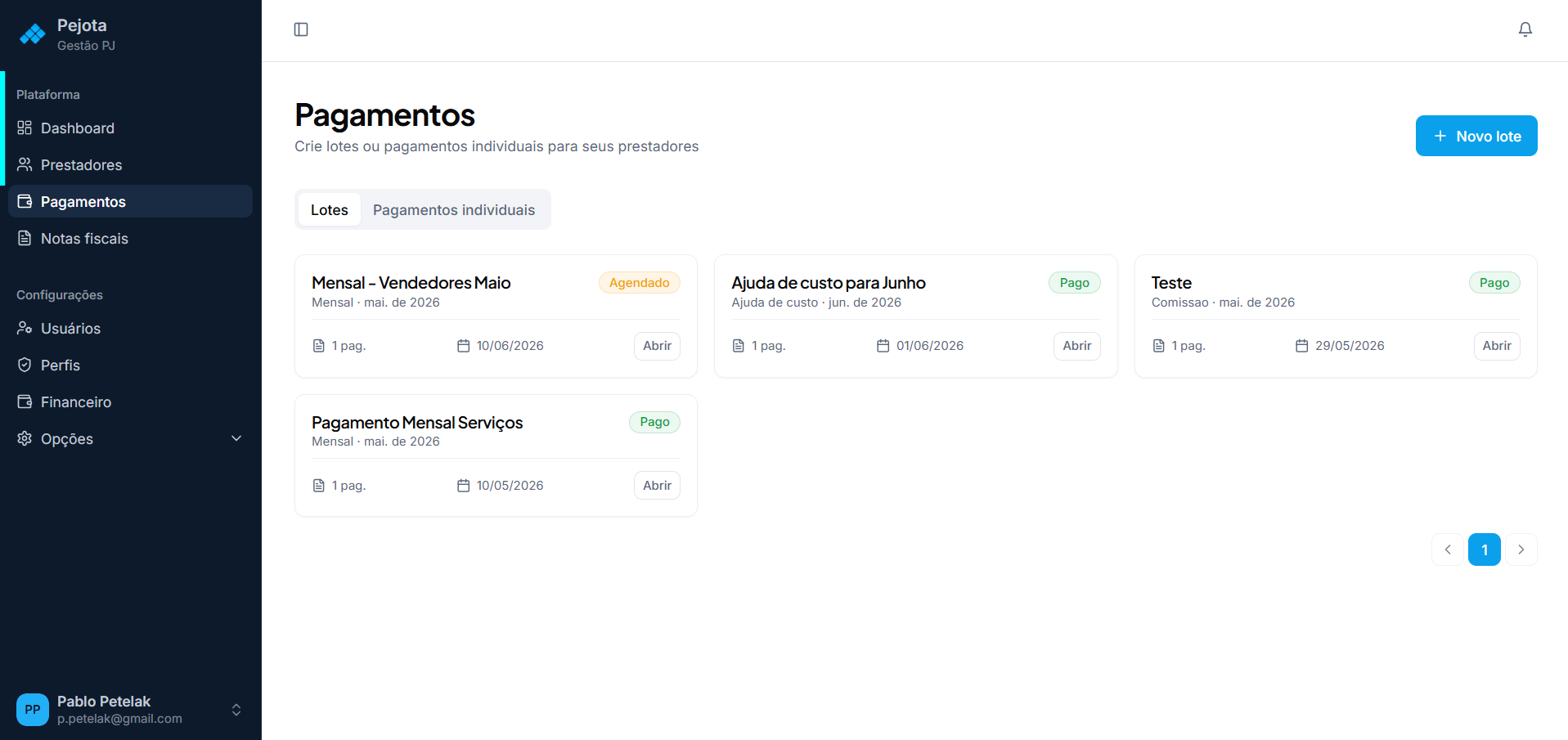 Tela de lotes de pagamento para prestadores PJ e freelancers